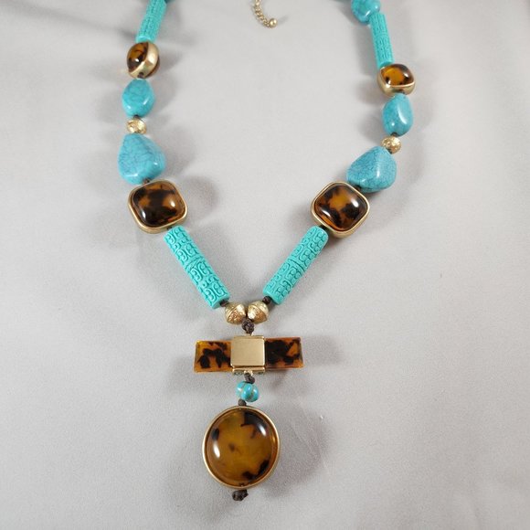 Spectacular Turquoise and Amber Stone Necklace -- Long and Lucious - Picture 1 of 4